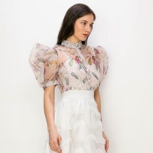 Organza Floral Print Sheer Top Puff Sleeves